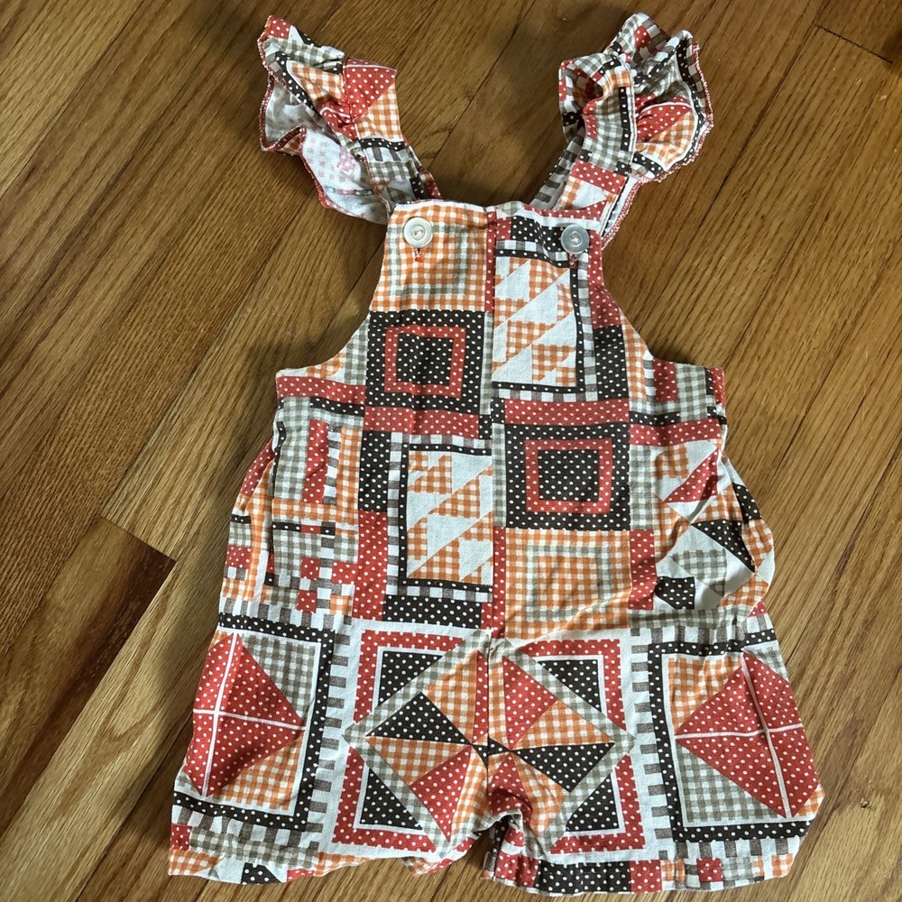 Vintage 70s Girls 4T Red/orange Patchwork Overalls Shorts Toddler‎ Ruffle Straps